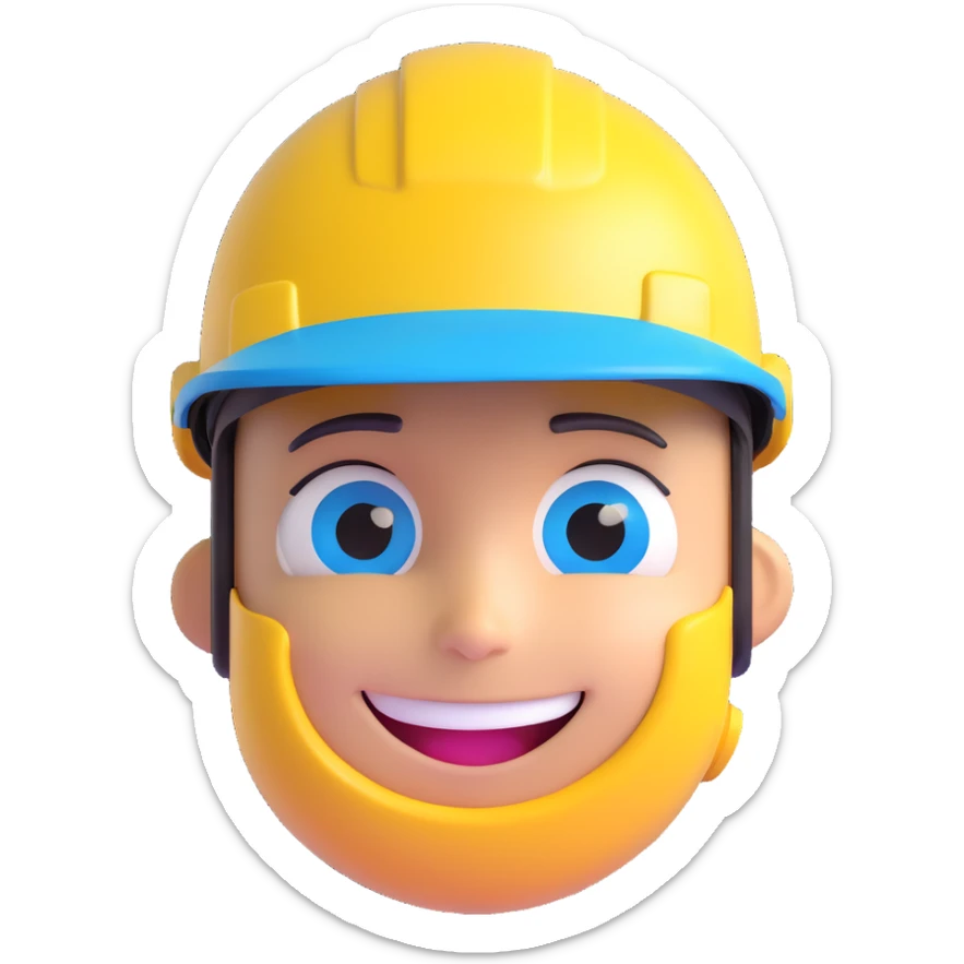 3D cartoon face of a construction AI agent, metallic skin, glowing blue eyes, yellow safety helmet, smiling sticker