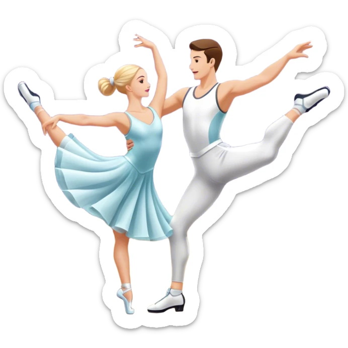 Icon for Sports Dance: a white men and women in competitive attire performing a synchronized dance with acrobatic moves, dance shoes, a rhythmic floor, and a competition backdrop. The icon should capture athleticism, technique, and acrobatic precision. Transparent background. sticker