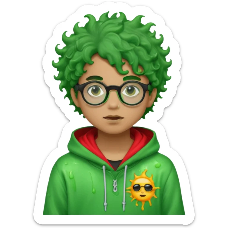 pale light brownskin boy with green slime coming out his eyes, and black glasses, nosering, wit messy, and curly freeforms, wearing a red hoodie with a Glo Gang sun on the hoodie. sticker