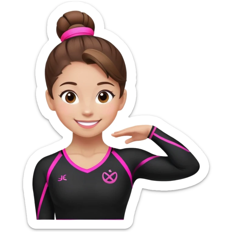 Happy female gymnast with brown hair in a neat bun, wearing a black uniform with neon pink elements. sticker