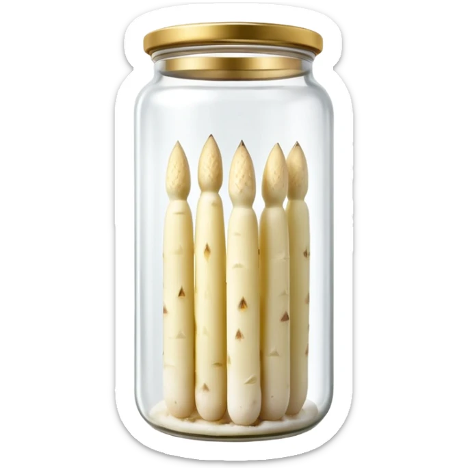 tall clear glass jar filled with upright pale white or green asparagus spears submerged in brine, sealed metallic lid gold or green, slim smooth spears neatly arranged tips upward, no label plate or extras, soft lighting, subtle shadows, transparent background, emoji scale sticker