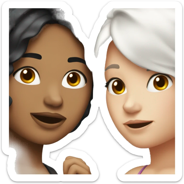 Two lesbian girls blushing at each other. Both have white skin and long black hair. sticker