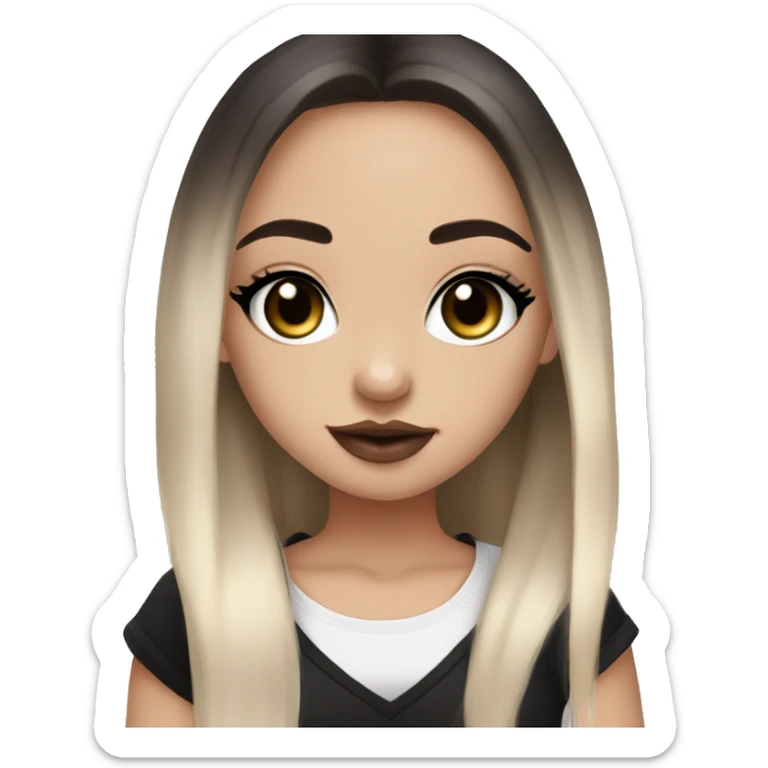 Slavic girl, goth eyes makeup, pink lips, brown eyes, long black-to-blonde ombre straight hair, black T-shirt, chibi, smiling. sticker
