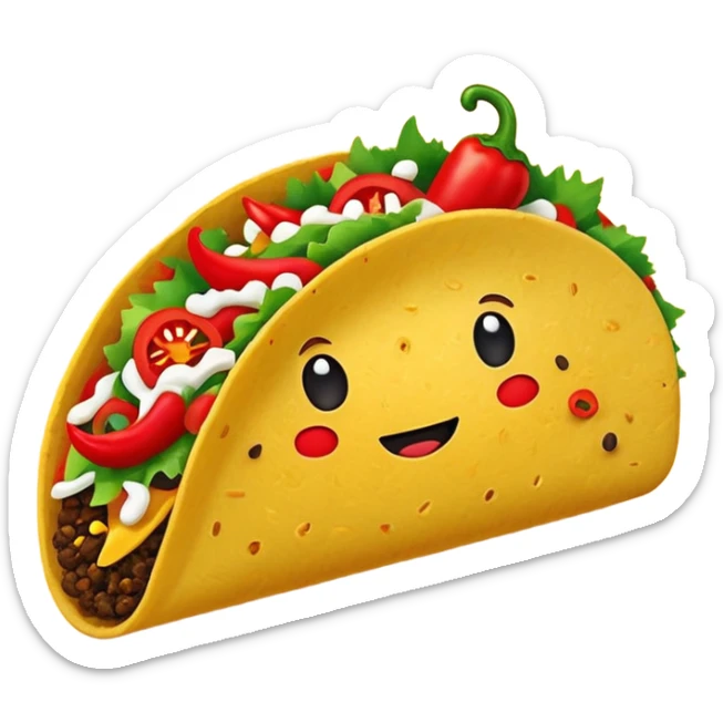 Mexican cuisine humanless avatar in bright emoji-style illustration. Taco with peppers, colorful palette, simple shapes, flat design, festive and bold. sticker