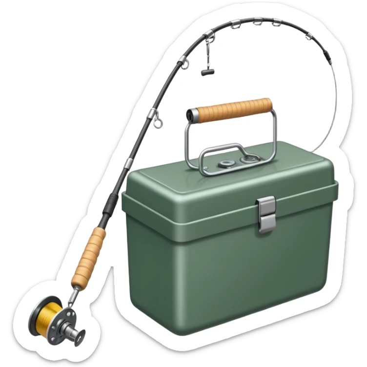 A fishing rod with reel and line neatly coiled beside a bait box. sticker