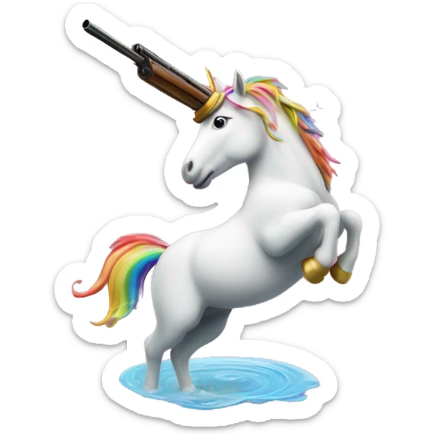 unicorn with a shotgun barrel as a horn shooting a stream of a rainbow sticker