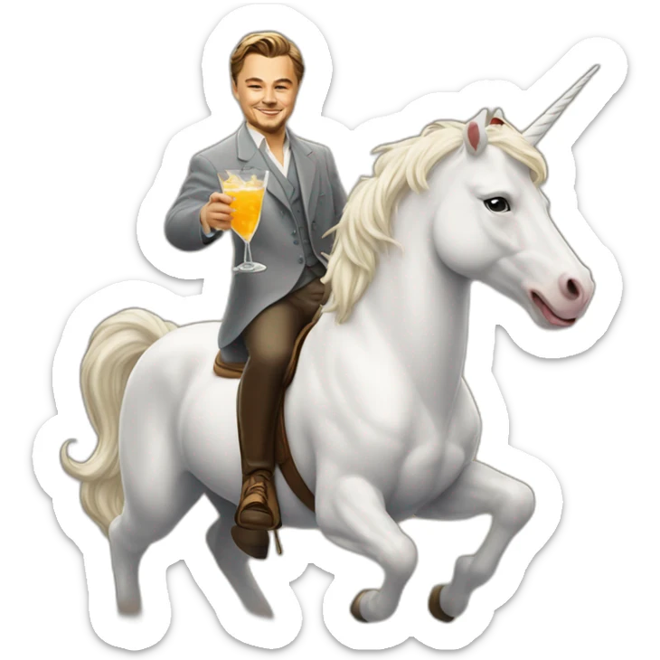 Leonardo DiCaprio smiling, raising a glass of cocktail and riding a white unicorn sticker