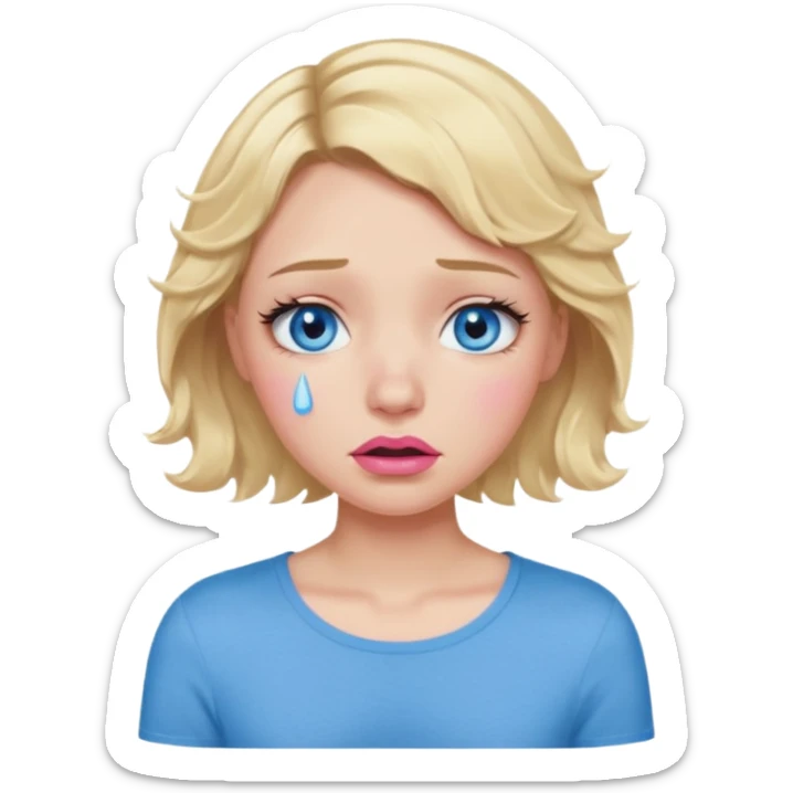 Girl Blonde short wavy hair,  blue eyes, cute blue top, long lashes, pink lips,crying with tears running down the face  sticker
