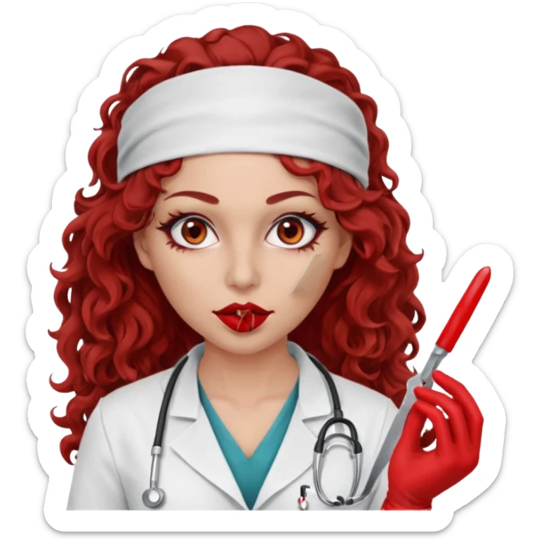 Scary woman scalpel in hand, evil surgeon sexy surgeon clothes.  She has red eyes. Her  brown long curly hair. Wears sexy doctor outfit with red gloves. Hides mouth necknose with red bandana to hide her identity sticker