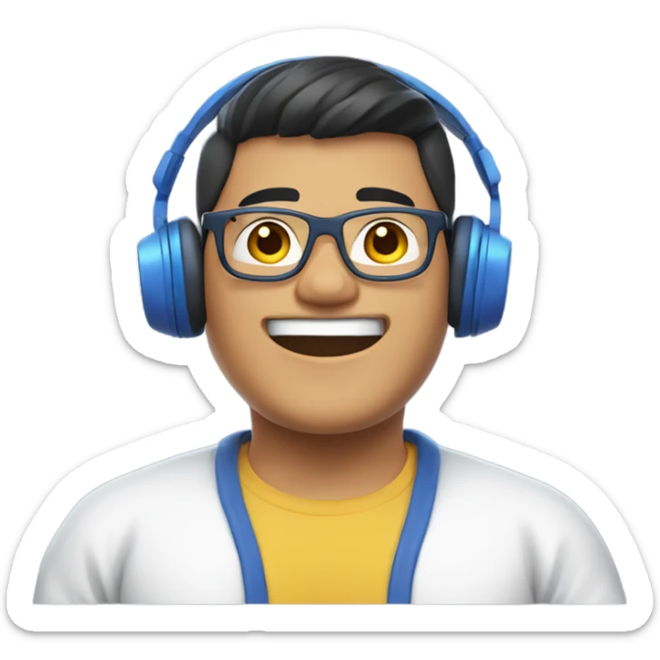 A slightly chubby Filipino gamer guy wearing blue headphones, glasses, and a white t-shirt with a white background where he is waving hello. sticker
