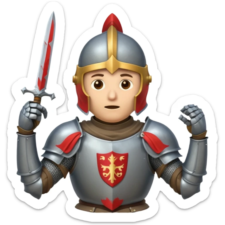 A cartoon knight in full armor with a closed helmet, expressing horror. The knight's head is tilted slightly upward, arms raised to the cheeks, and legs slightly apart. sticker