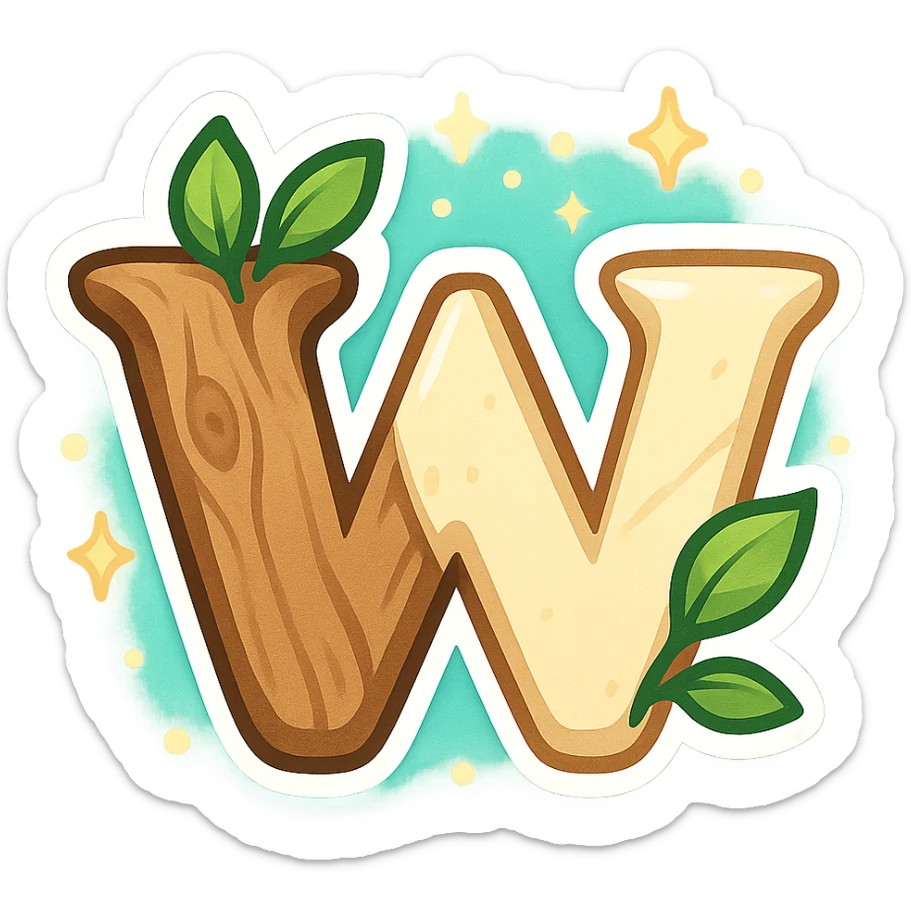 stylized letter W made of wood and alabaster, leafy accents, magical glow, emoji style sticker
