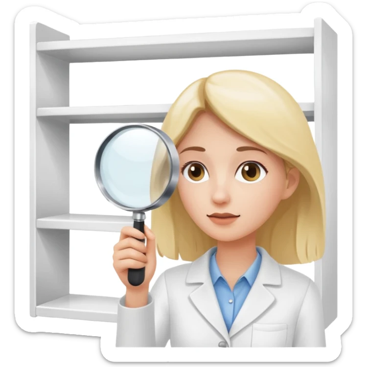 emoji of white empty shelf in perspective view with a standing woman nearby, she is looking at the shelfs with a magnifying glass, she is turned to the shelfs sticker