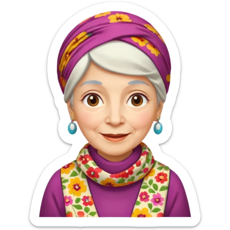 A kind old Russian village grandmother emoji — elderly woman wearing a bright floral headscarf tied under her chin, colorful patterned dress, warm smile, simple rural look. Flat minimal emoji style, clean Apple-like design. sticker