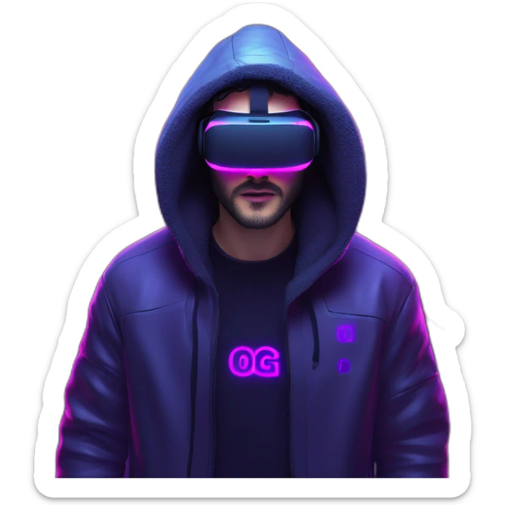 John Snow wearing a black hoodie with "OMG" letters on it and VR headset in a cyberpunk VR environment with violet neon lighting. sticker