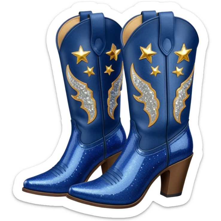 Realistic navy blue fashion cowgirl boots with sparkly shiny glitter  sticker