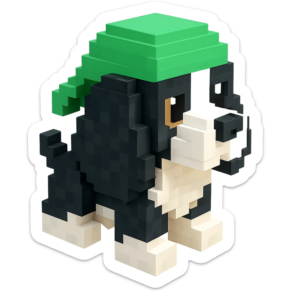 A black and white Russian Cocker Spaniel puppy wearing a green durag, facing right sticker