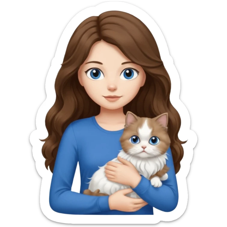 a girl with long wavy ish brown hair with a blue top and black pants holding a white persian cat  sticker
