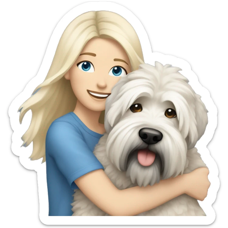 pretty woman blonde hair blue eyes hugging a white and gray soft coated wheaten terrier dog sticker