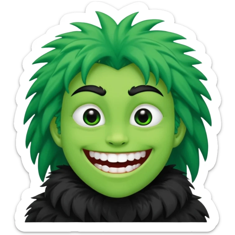 A bald person with bright white skin with a green sclera and green teeth, grinning widely. Has fluffy black neck fur, with a fluffy black body sticker