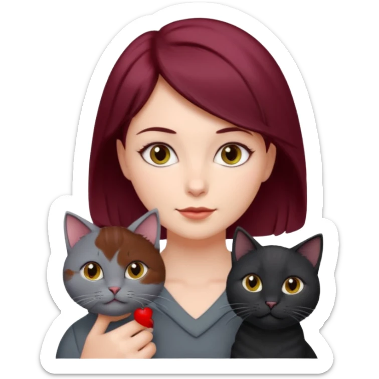 femme au cheveux court bordeau, yeux gris,  avec chat poils longs gris et chat poils ras noirs sticker
