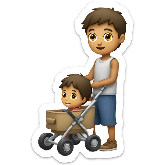 Genera a un niño pequeño como de 3 años Toño de piel claro y muy chinito con un carrito en la mano  sticker