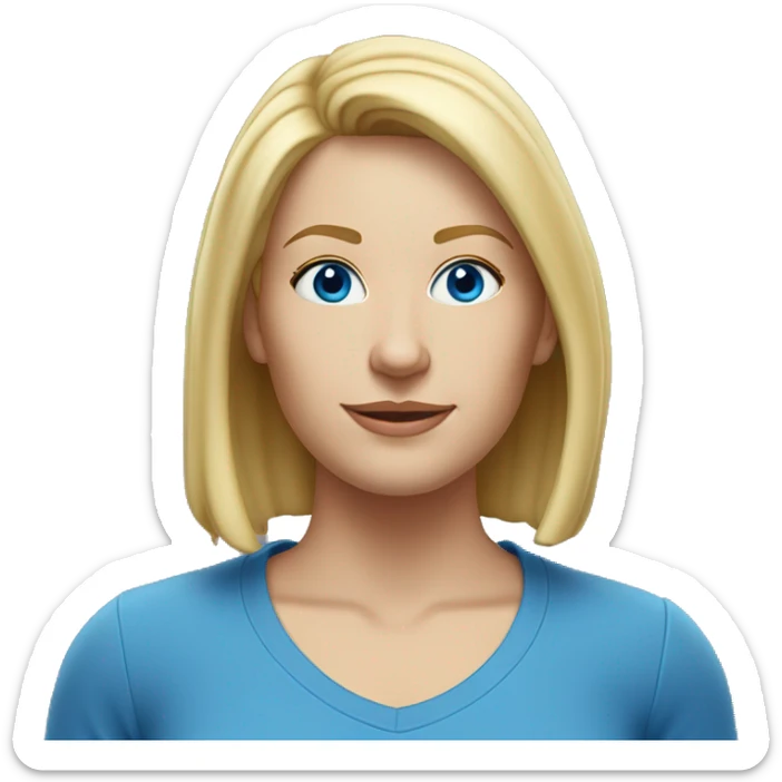A head and shoulders shot of a 36 year old white woman, with straight blonde hair,   with blue eyes wearing a t-shirt. sticker