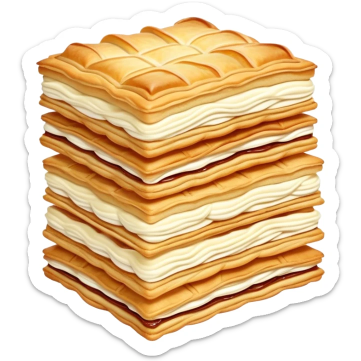 mille-feuille-cinematic-realistic-mille-feuille-dessert-emoji,-depicted-as-a-delicate-pastry-composed-of-two-crisp-layers-of-puff-pastry-with-a-rich-cream-filling,-rendered-with-intricate-textures-and-elegant,-soft-lighting. Please only show two layers sticker