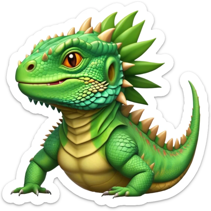 Cinematic Noble Iguana Portrait Emoji, Poised and majestic, with a robust, muscular build and a vibrant, scaly body accented by a prominent spiky crest and keen, observant eyes, Simplified yet sharp and sophisticated features, highly detailed, glowing with a soft, jungle radiance, high shine, intelligent and formidable, stylized with an air of ancient reptilian authority, focused and commanding, soft glowing outline, capturing the essence of a watchful guardian that appears ready to stride out of the screen with effortless might! sticker