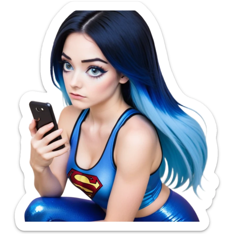 Disapponted-big tears-head back texting on phone-very very large upper body-sexy face-bending forward at waist-very long very straight dark blue to light blue ombre hair-and-blue eyes-thick black eyeliner-long eyelashes-iridescent blue lowcut tanktop with black leggings with glitter superman logo sticker