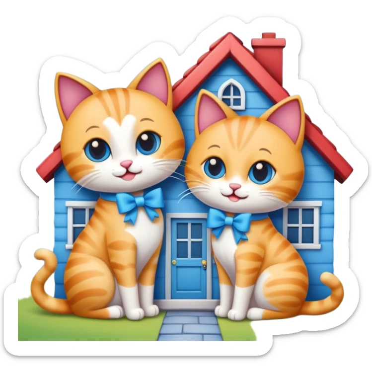 two happy cats in love, with a blue house behind them that has a bow on the roof, emoji style sticker