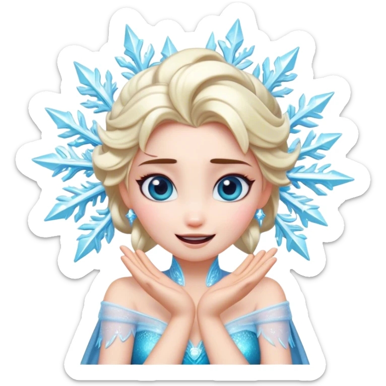 Cinematic Playful Elsa Portrait Emoji, Blowing frost from her hands in a dazzling display, eyes filled with mischief, exuding a magical charm that is both fun and enchanting! sticker