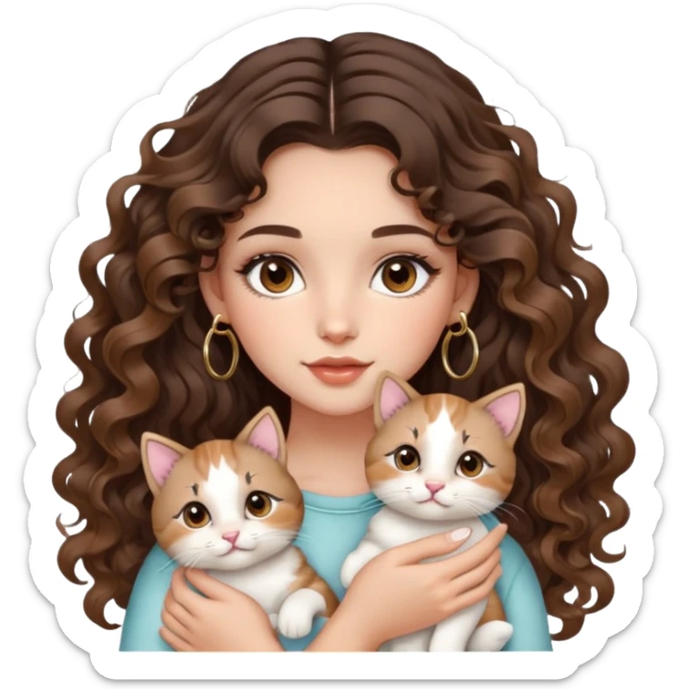 cute girl long brunette balayage curly/wavy not voluminous hair, brown eyes, hoop earrings, natural pretty clean makeup: holding kitties sticker