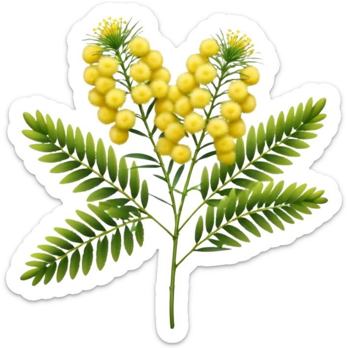 cluster of mimosa flowers, fluffy round yellow blossoms with filament-like petals, on slender green stems with feathery leaves, vibrant soft early spring look, apple emoji style, soft lighting, transparent background, emoji scale sticker