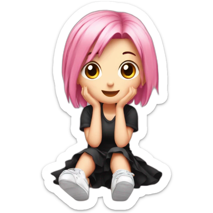 Full body Front view curvy emo girl pink hair sits on the floor straight view hands up black skirt белые трусики sticker