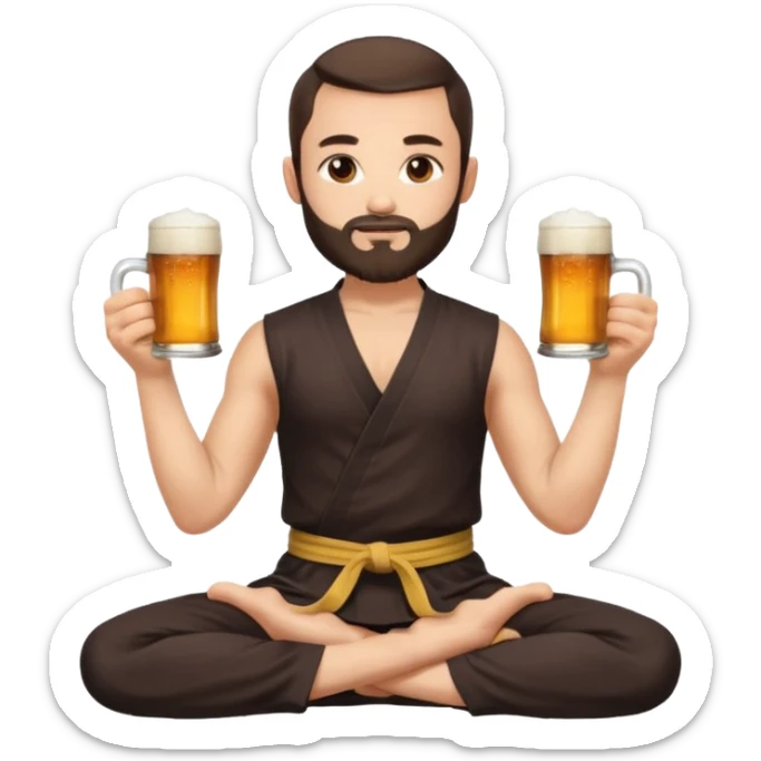 slavic guy with dark brown hair and beard, sitting in yoga pose on a mat, kung fu clothes, short dark hair, holding beer mugs in two hands, sitting sticker