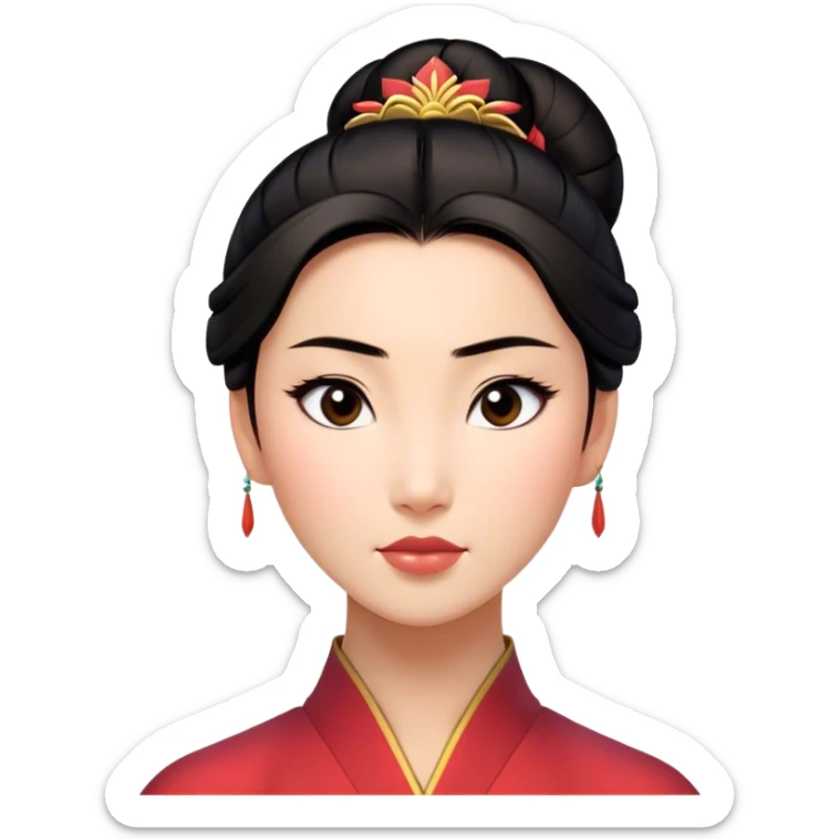 Cinematic Realistic Serene Mulan Portrait, showing Mulan (chest and above) with radiant, smooth skin and delicately detailed dark hair swept back in a neat bun. Her gentle, reflective expression is captured with soft natural lighting that highlights the nuanced textures of her features and traditional attire in muted hues. The composition glows with an inviting, natural radiance and subtle shadows, evoking a calm and introspective mood that speaks of quiet strength and enduring beauty. sticker