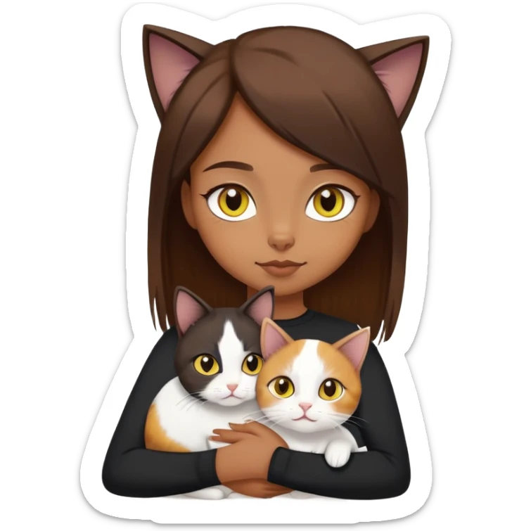 Brown straight-haired girl wearing black top with a pure white cat with yellow eyes and a calico cat sticker