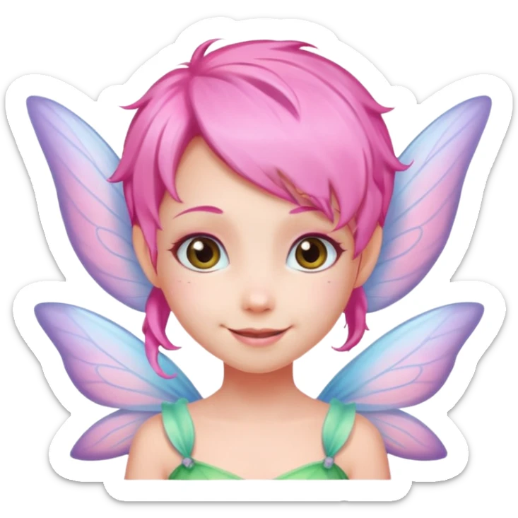 A tiny pastel fairy with pink  hair with glowing wings and a sweet smile  sticker