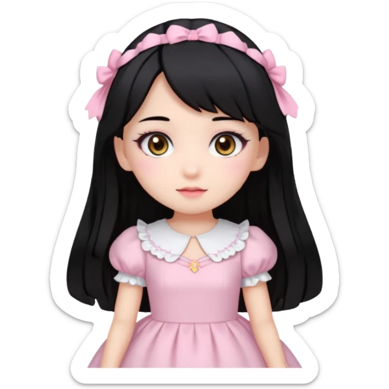 pale girl with medium length black hair, brown eyes, doll-like hime makeup, wearing a light pink hime dress, emoji style, with a cute pose sticker