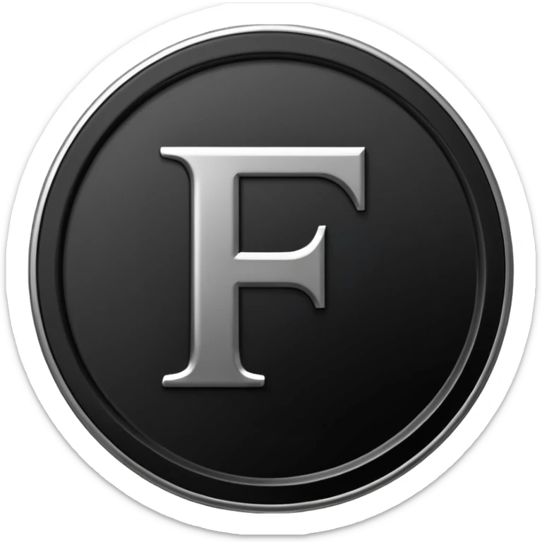 Emoji icon of a black coin with engraved letter F, minimalist style, isolated, no color sticker