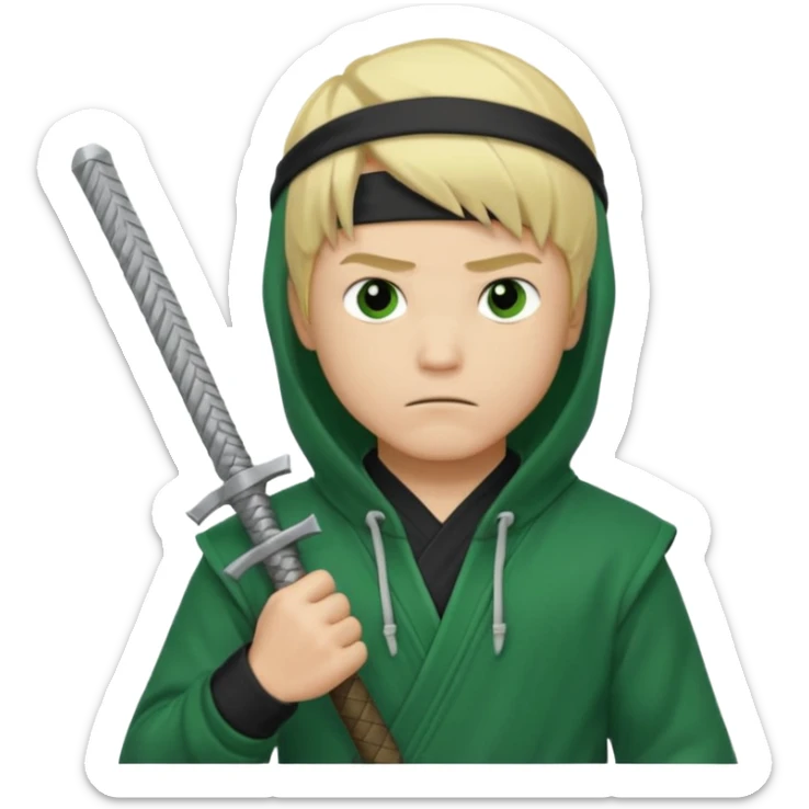 Green ninja Lloyd garmadon blonde hair, kaptur hoody on his head but blonde grzywka visible; the bottom left one is best (the one without miecze + black band + no mask of face) but add miecz sticker