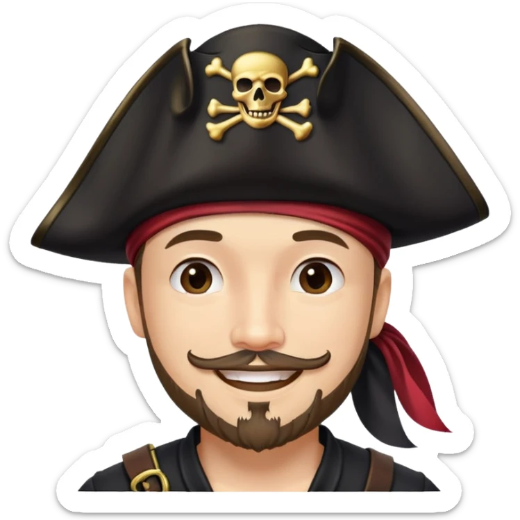 "- Nam
- 30 tuổi
- Da trắng
- Râu quai nón
-  Cướp biển caribe
- Cười tươi, đội mũ cướp biển màu đen sticker