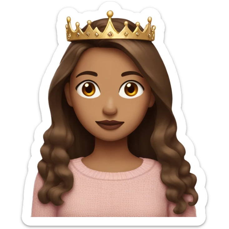 Female, fair skin, straight long brown hair, wearing a crown, baby pink lipstick, wearing a brown sweater sticker