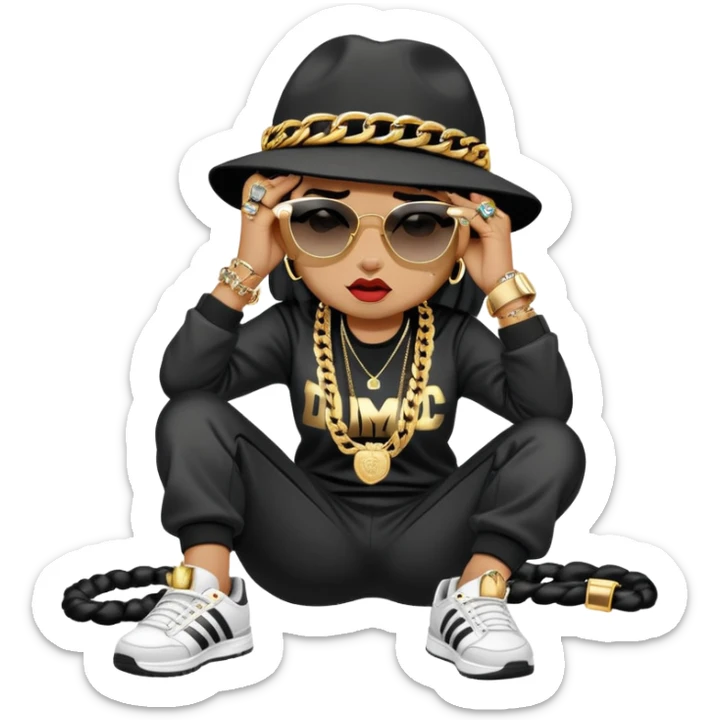 female cat wearing Run DMC hip-hop outfit with tracksuit, fedora, Adidas sneakers, dark sunglasses, many gold chains, rings, bracelets, flashy earrings, lying on the ground in distress, crying sticker