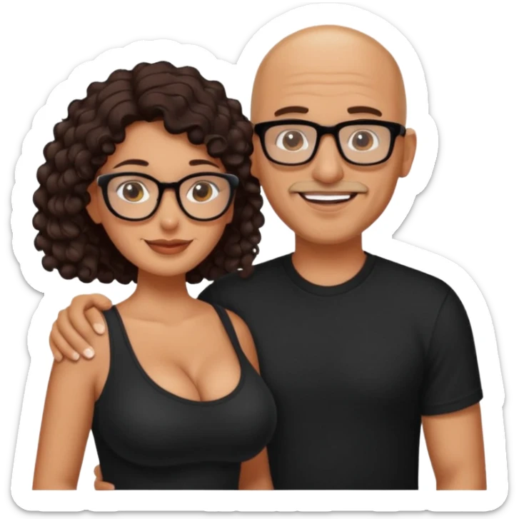 A picture of a happy tanned couple. the man is a Mexican man with tanned skin, a bald hair cut, short beard and wearing a black shirt. the woman is wearing glasses, with long curly dark brown hair and with big boobs  sticker