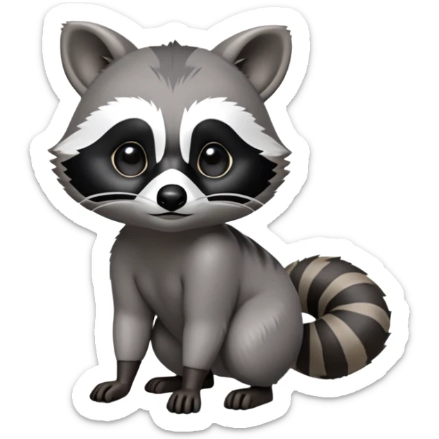 Cinematic-cute Raccoon-Realistic-hunched Full-Body on all fours-Emoji – Tail flicking lazily, head tilted dramatically, thick grey fur with a signature black mask, sharp and alert ears, simplified yet realistic focused features, highly detailed, glowing with an almost sarcastic glow big black eyes realistic body sticker