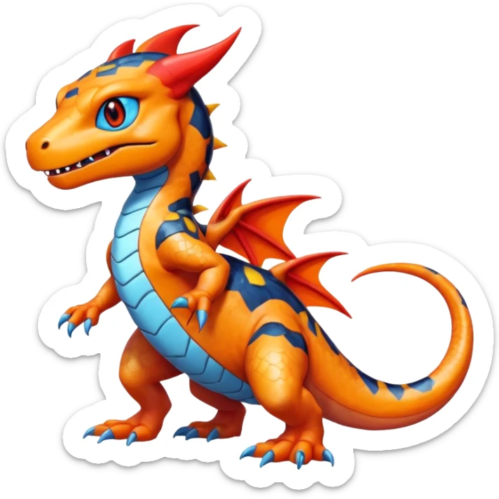 cute shiny colorful Guilmon-Salandit hybrid creature with a playful pose, full body sticker