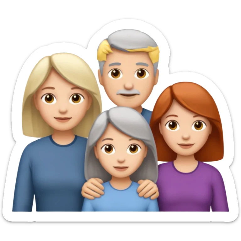 Family emoji showing a family of five. Father has grey hair, mother has mixed grey/brown hair, three daughters with blonde, brunette and redhead hair colors. sticker