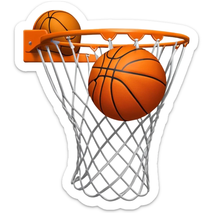 A close-up of a basketball shield and hoop with the ball swishing through the net, captured mid-air. The background emphasizes the tension and excitement of the moment, with the rim and net in sharp focus, showcasing the precision and skill of the sport. sticker